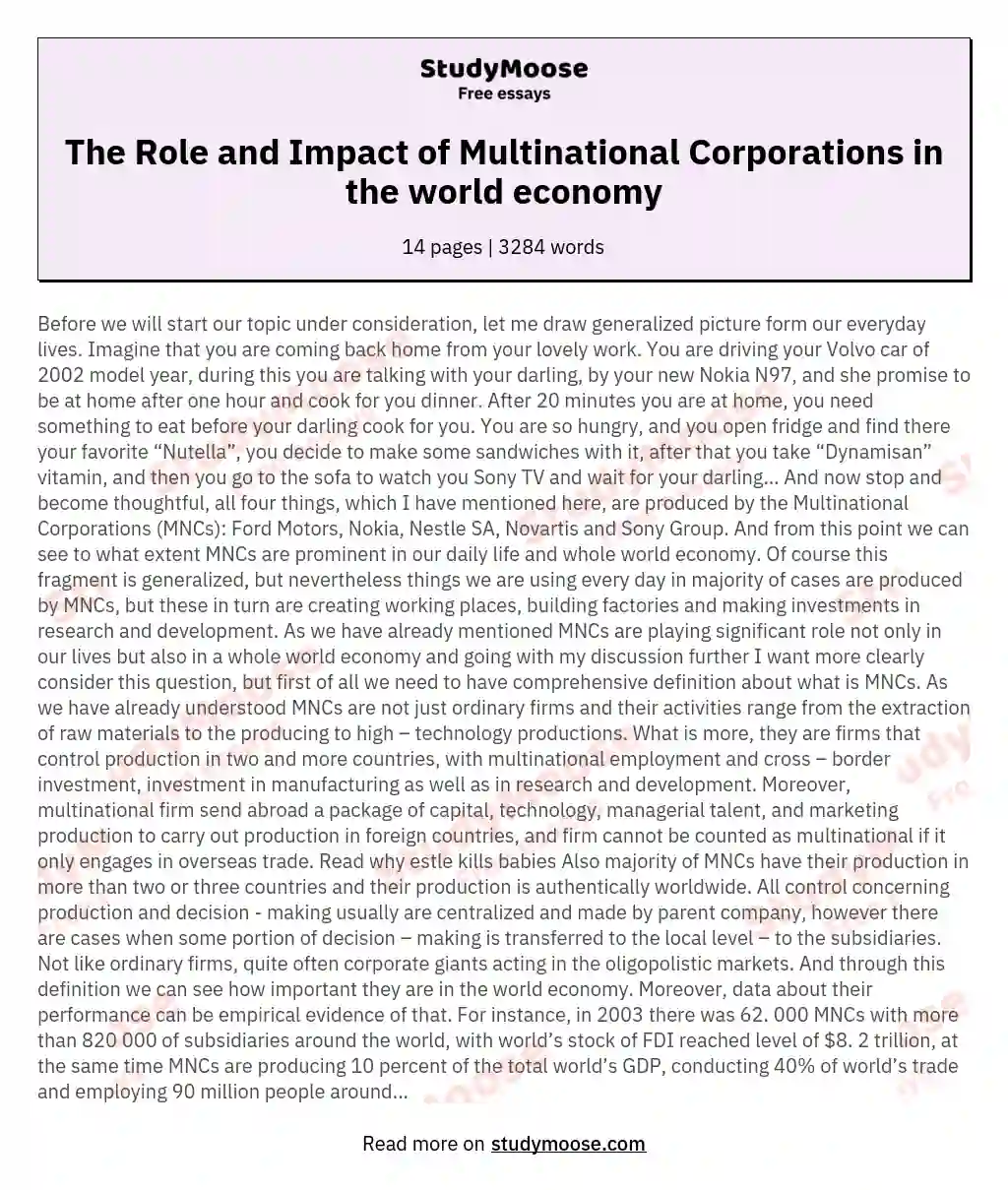 The Role and Impact of Multinational Corporations in the world economy essay