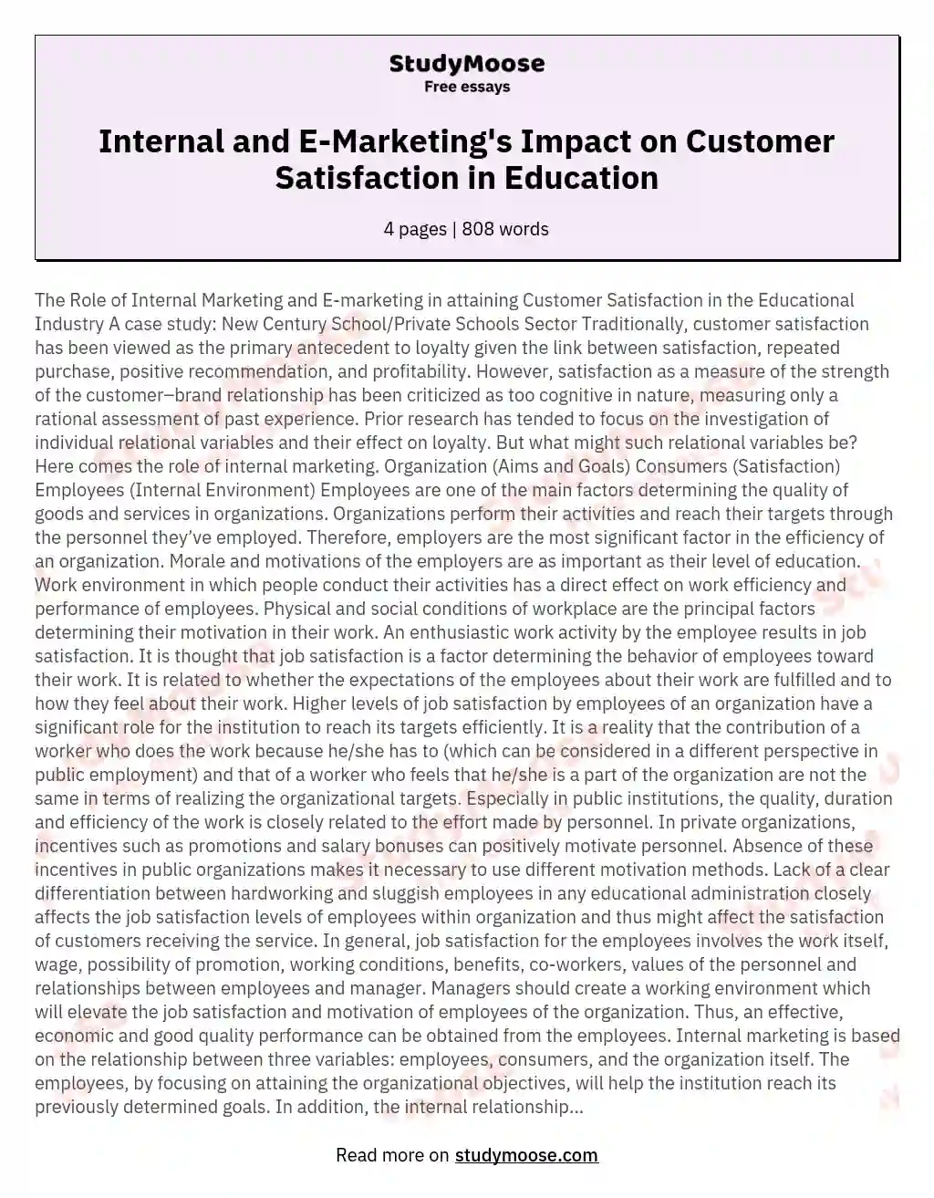 Internal and E-Marketing's Impact on Customer Satisfaction in Education essay