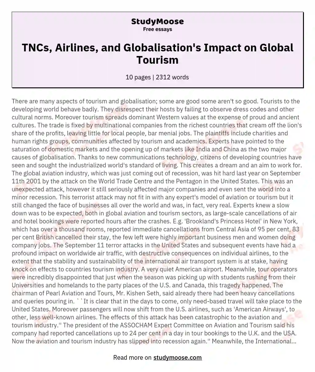 The role of multinational companies (tnc), airline companies and globalisation on the tourism industry, globally