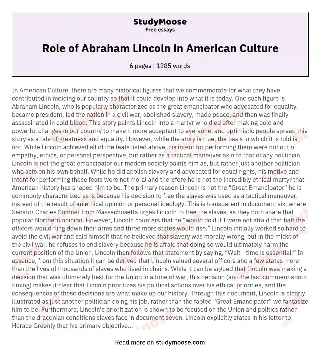 Role of Abraham Lincoln in American Culture essay