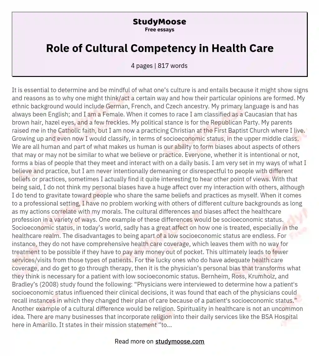 Role of Cultural Competency in Health Care essay
