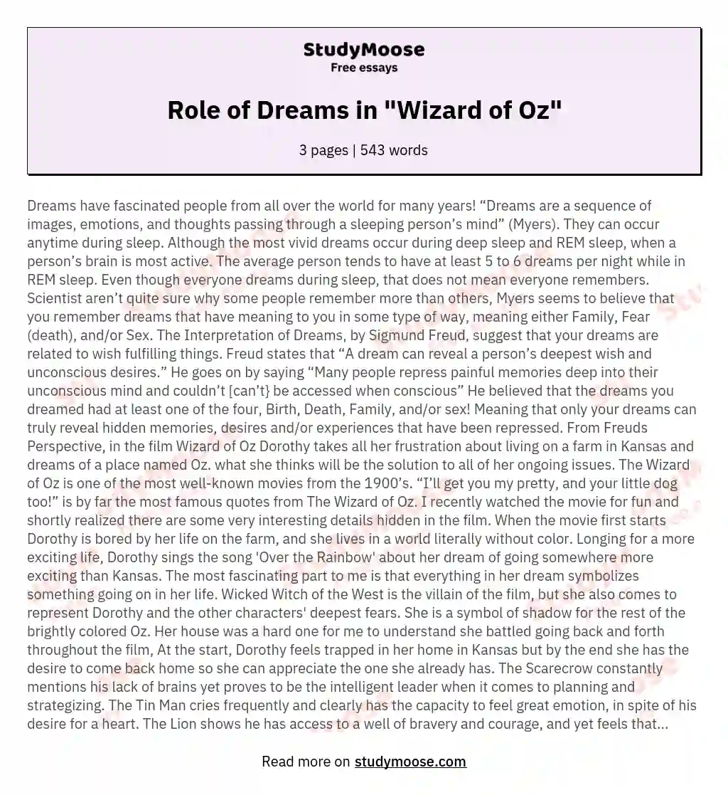 Role of Dreams in "Wizard of Oz" essay