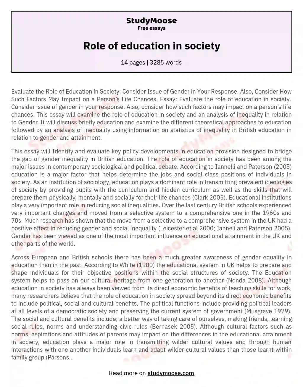 Role of education in society essay