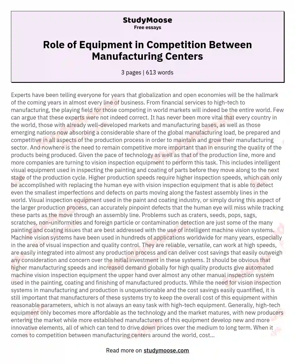 Role of Equipment in Competition Between Manufacturing Centers