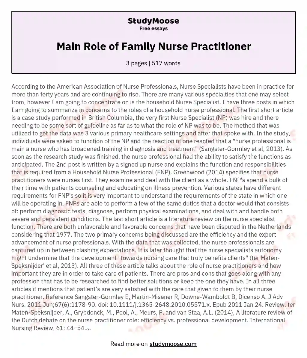 Main Role of Family Nurse Practitioner essay