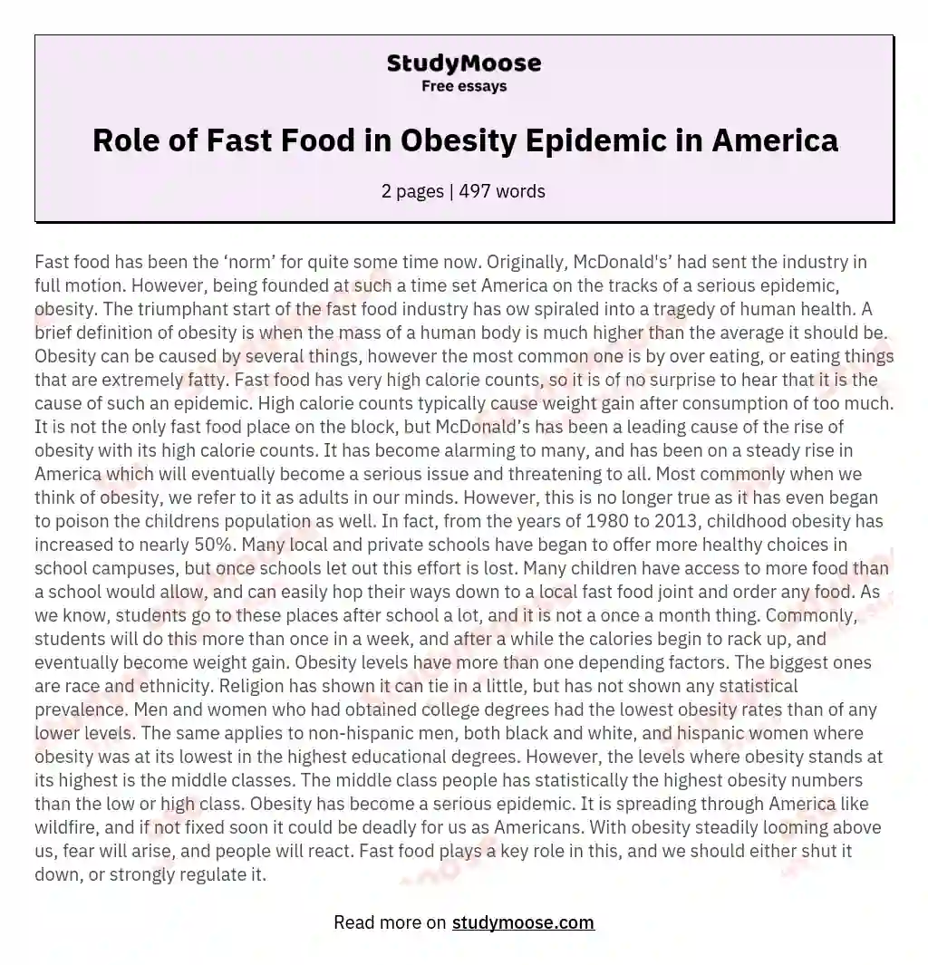 Role of Fast Food in Obesity Epidemic in America essay