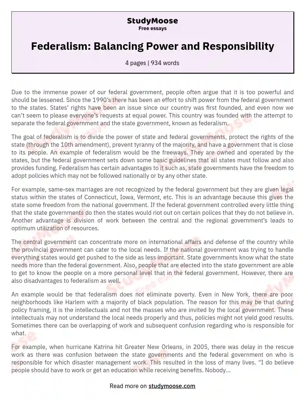 Federalism: Balancing Power and Responsibility essay