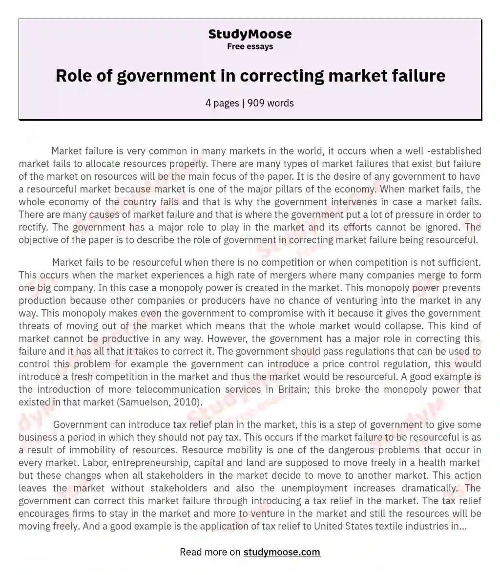 Role of government in correcting market failure essay