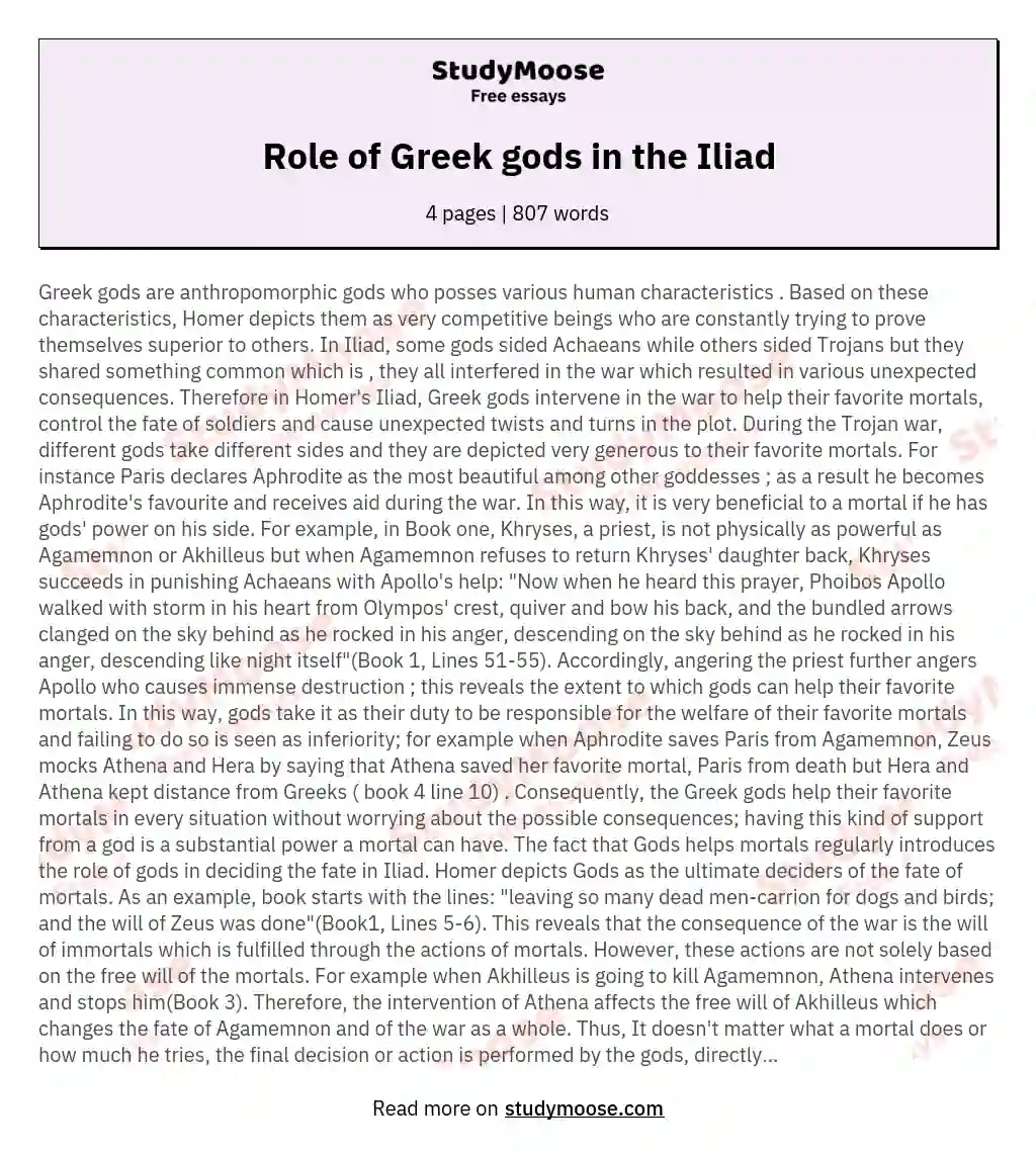 Role of Greek gods in the Iliad essay