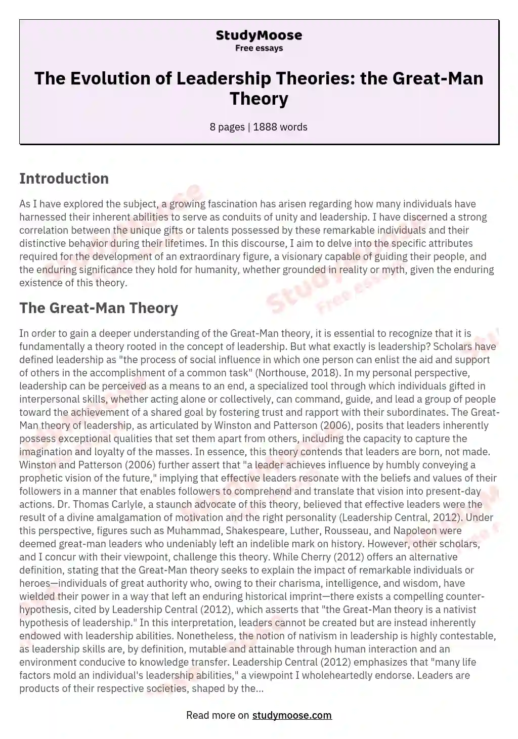 The Evolution of Leadership Theories: the Great-Man Theory essay