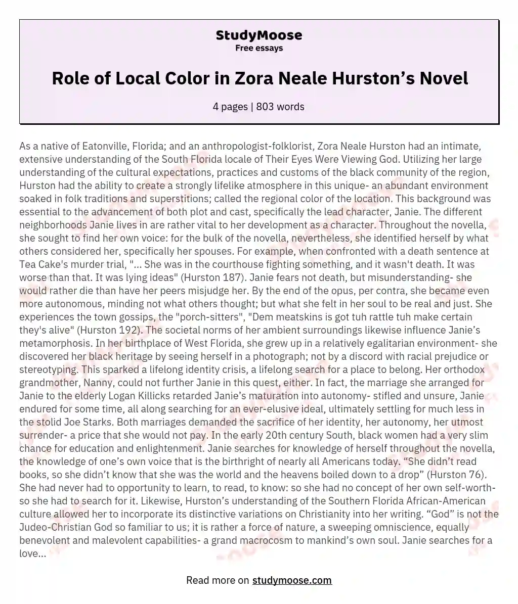 Role of Local Color in Zora Neale Hurston’s Novel essay