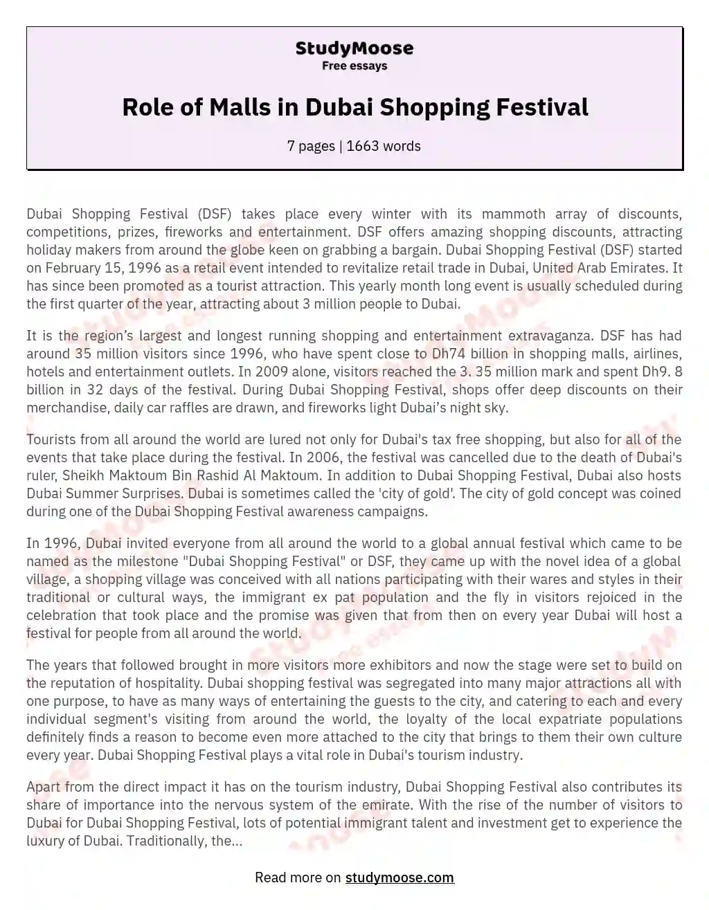 Role of Malls in Dubai Shopping Festival essay