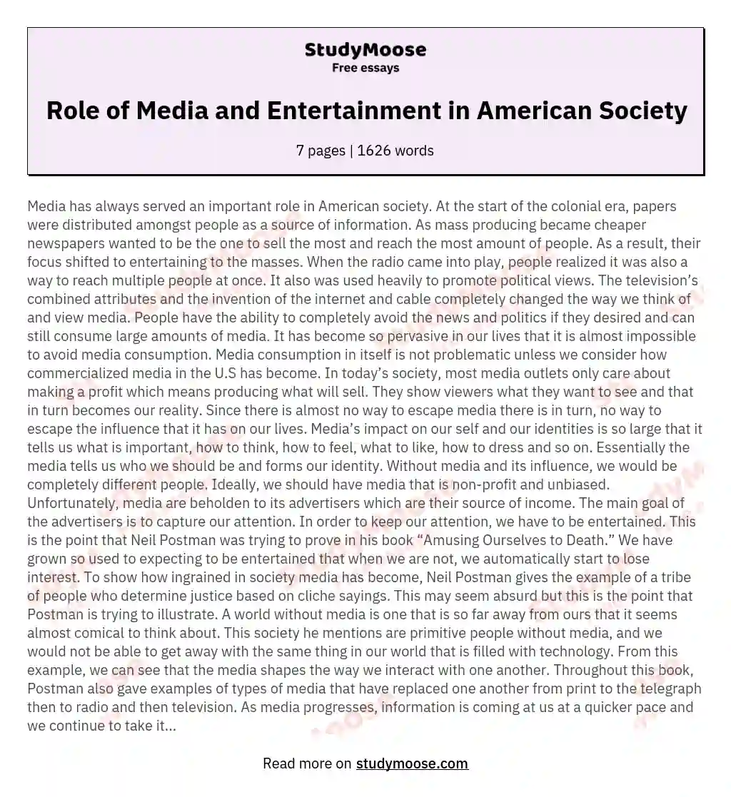 Role of Media and Entertainment in American Society essay