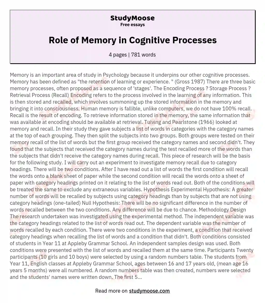 Role of Memory in Cognitive Processes essay