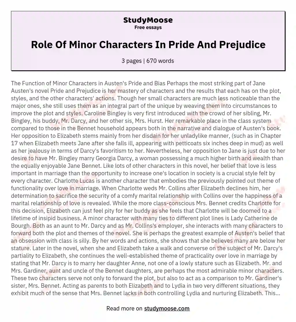 Role Of Minor Characters In Pride And Prejudice essay