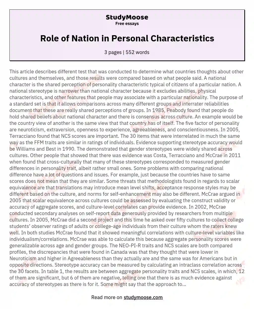 Role of Nation in Personal Characteristics essay