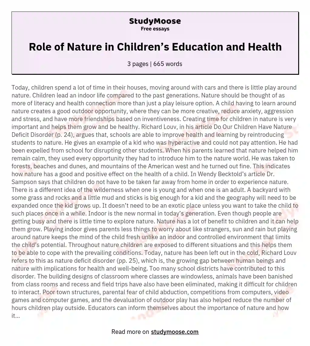 Role of Nature in Children’s Education and Health essay