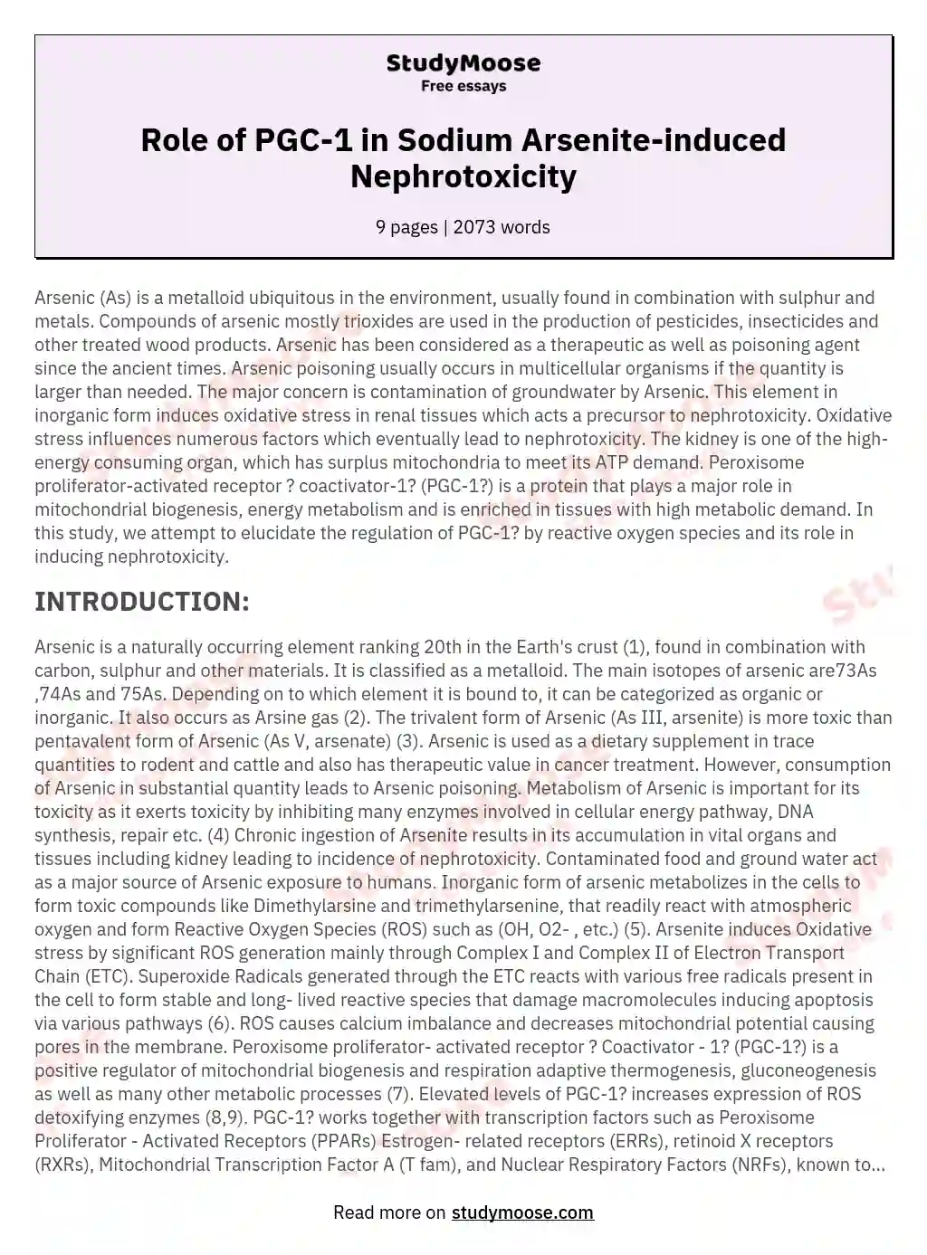 Role of PGC-1 in Sodium Arsenite-induced Nephrotoxicity essay