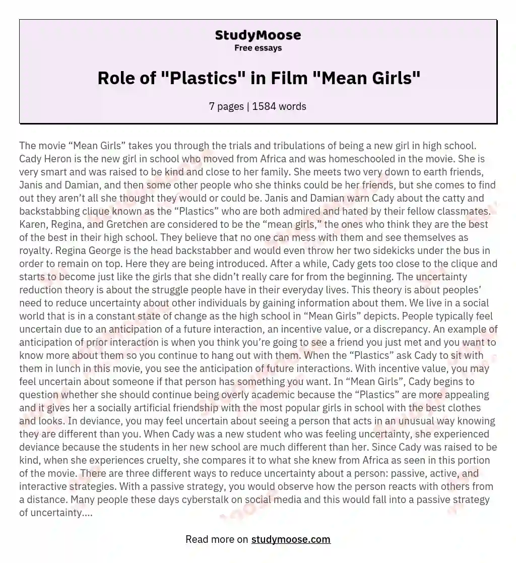 Role of "Plastics" in Film "Mean Girls" essay