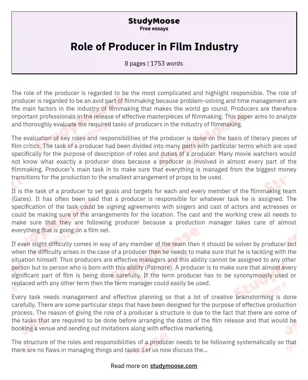 Role of Producer in Film Industry essay
