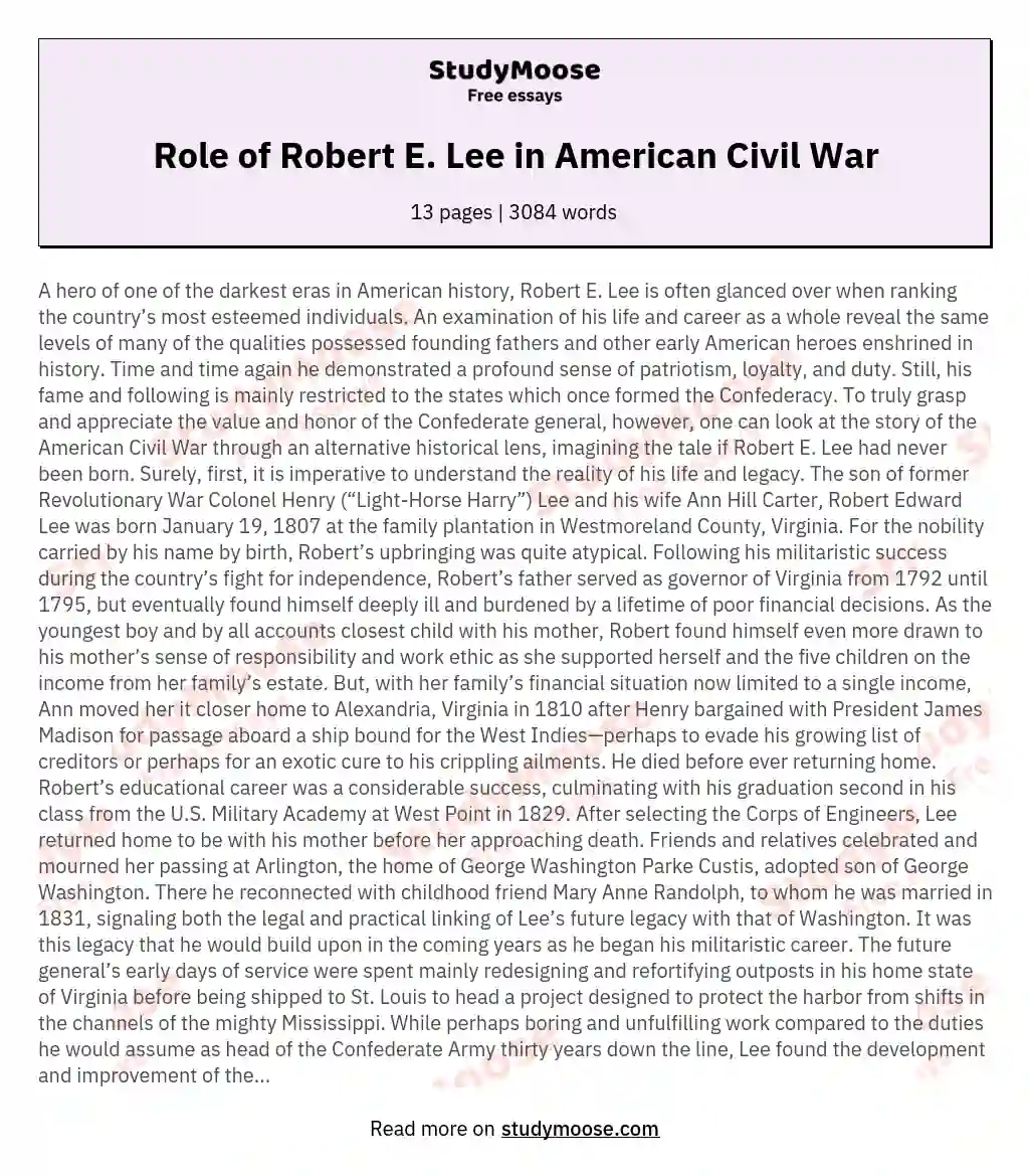 Role of Robert E. Lee in American Civil War essay