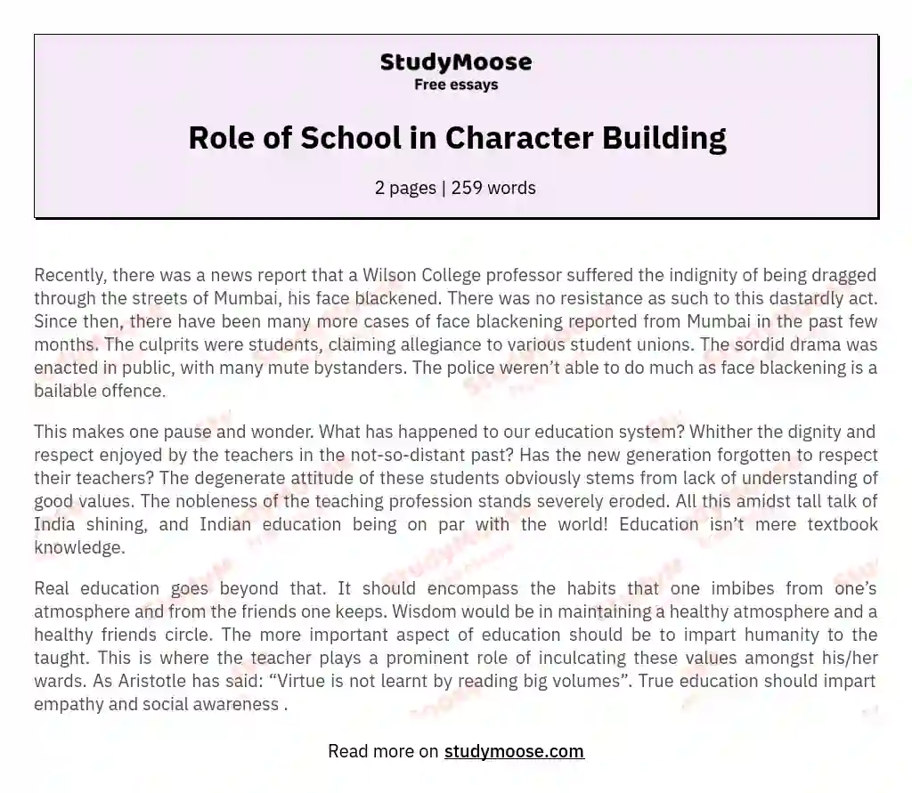 Role of School in Character Building essay