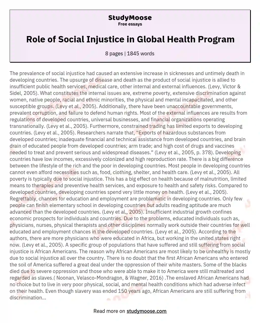Role of Social Injustice in Global Health Program