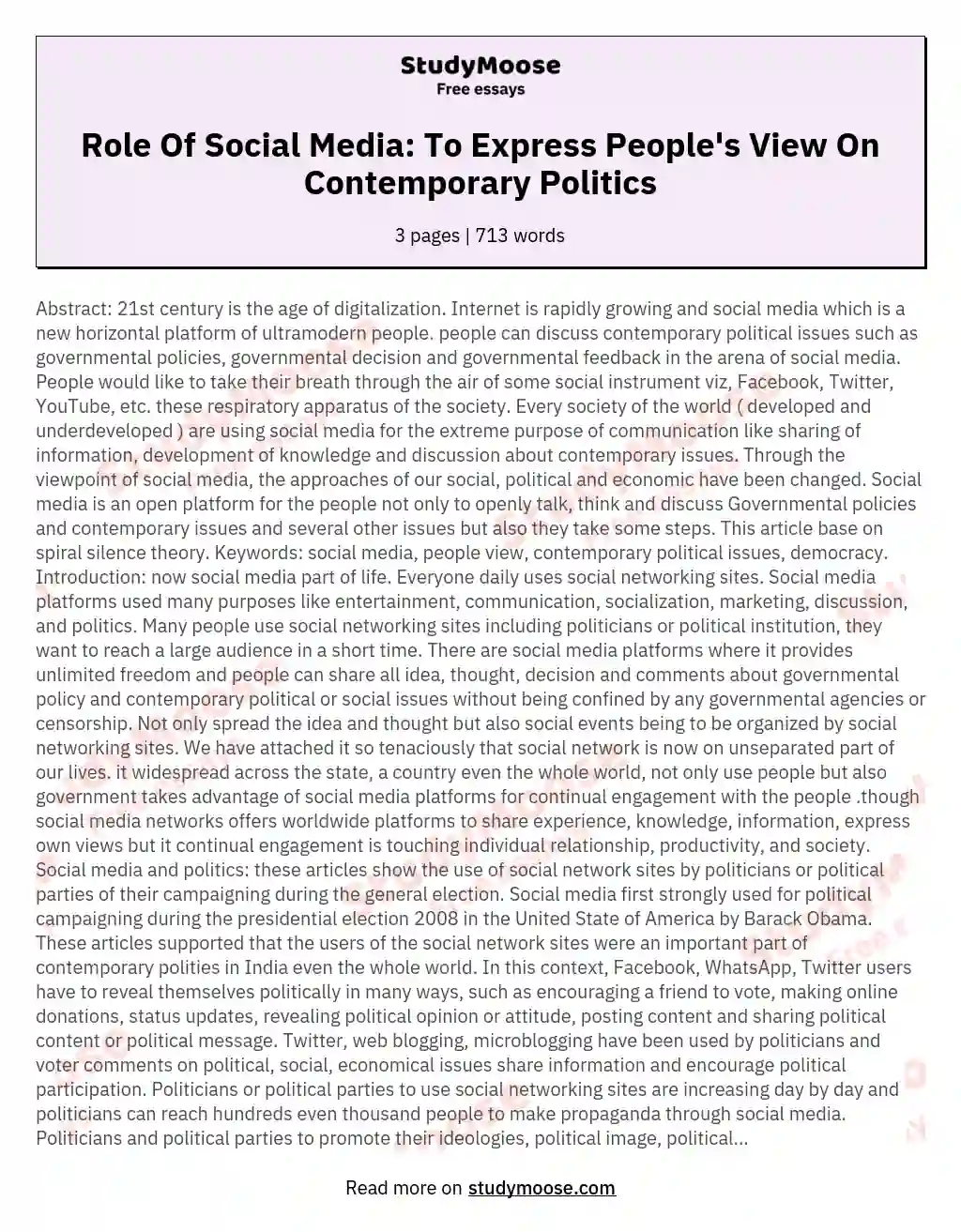 Role Of Social Media: To Express People's View On Contemporary Politics essay