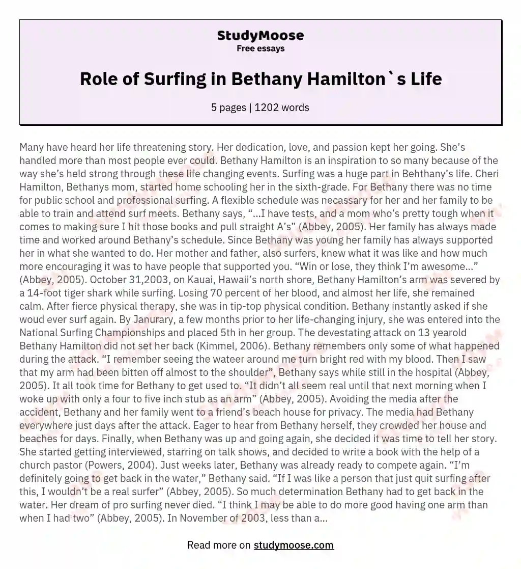 Role of Surfing in Bethany Hamilton`s Life essay