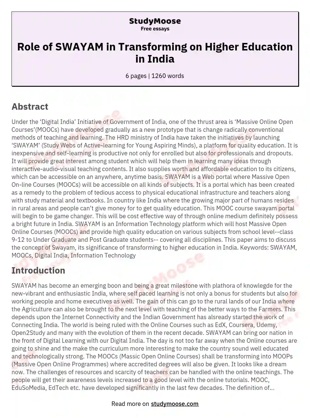 Role of SWAYAM in Transforming on Higher Education in India essay