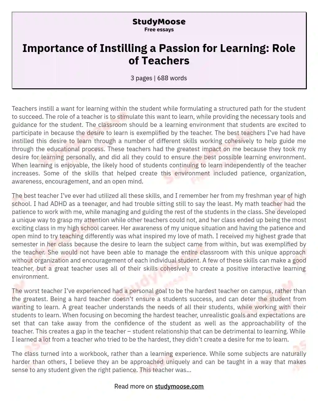 Importance of Instilling a Passion for Learning: Role of Teachers essay