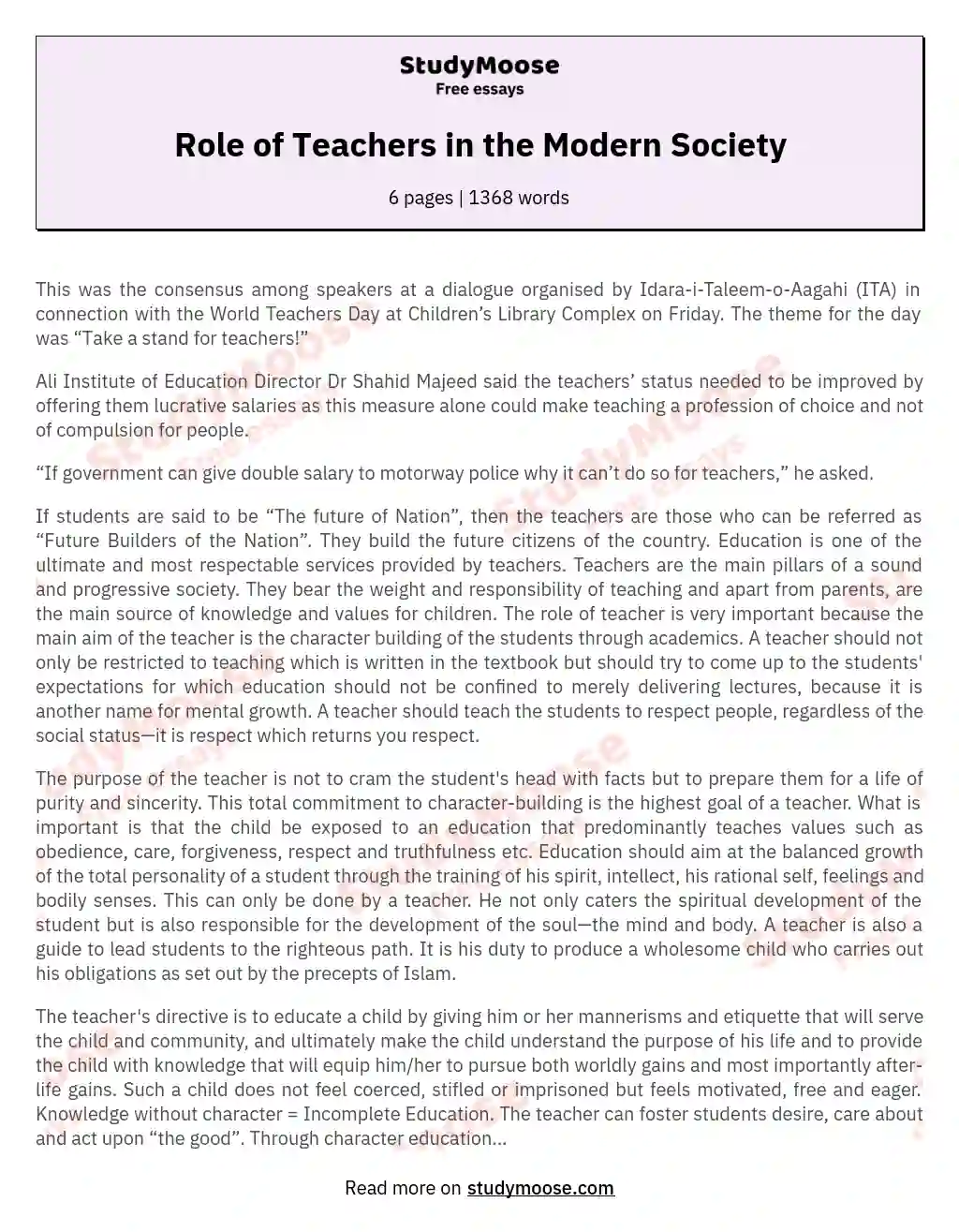 Role of Teachers in the Modern Society essay