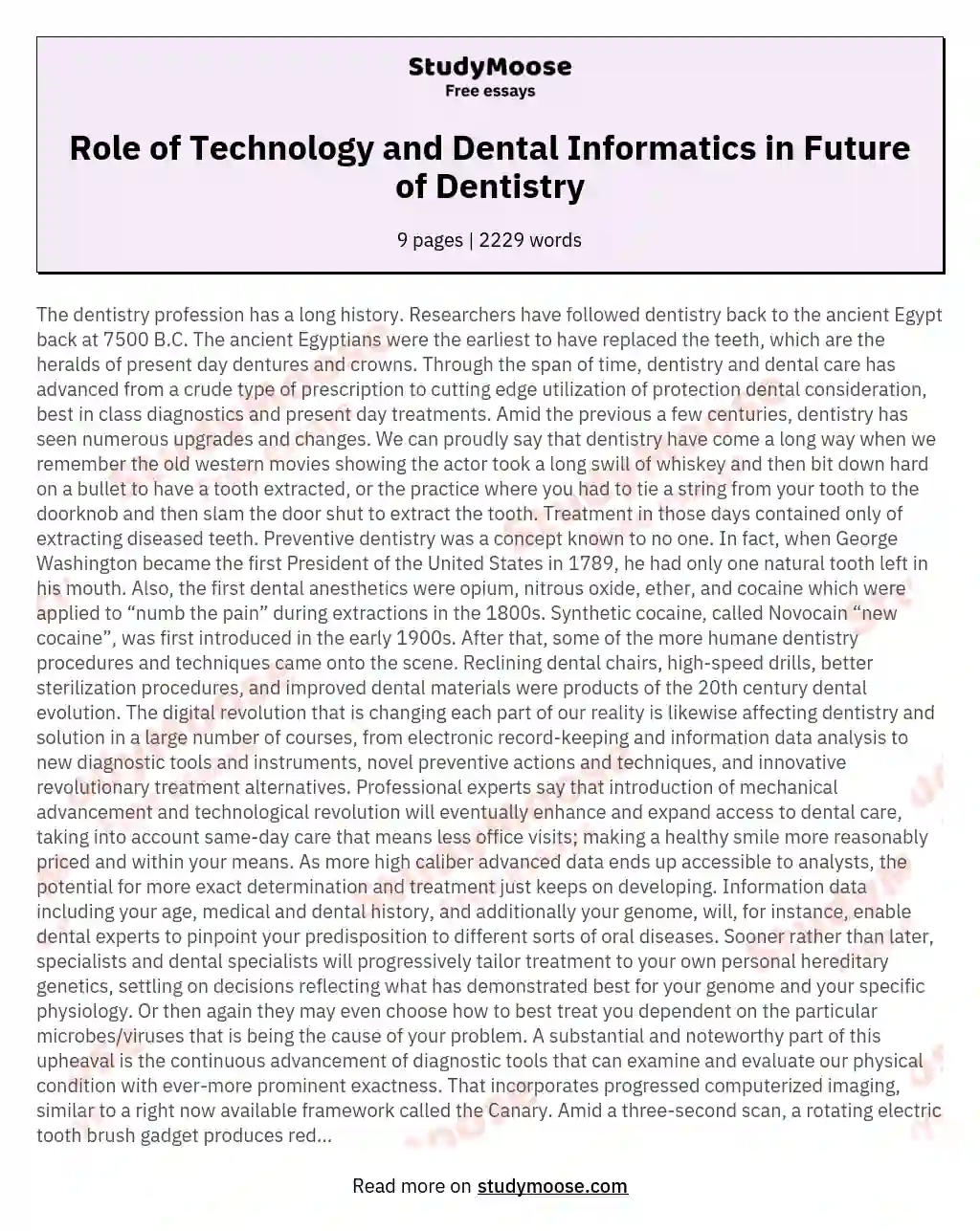 Role of Technology and Dental Informatics in Future of Dentistry essay