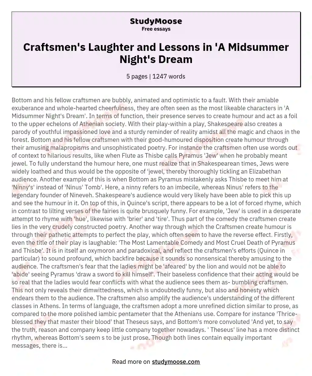 Craftsmen's Laughter and Lessons in 'A Midsummer Night's Dream essay