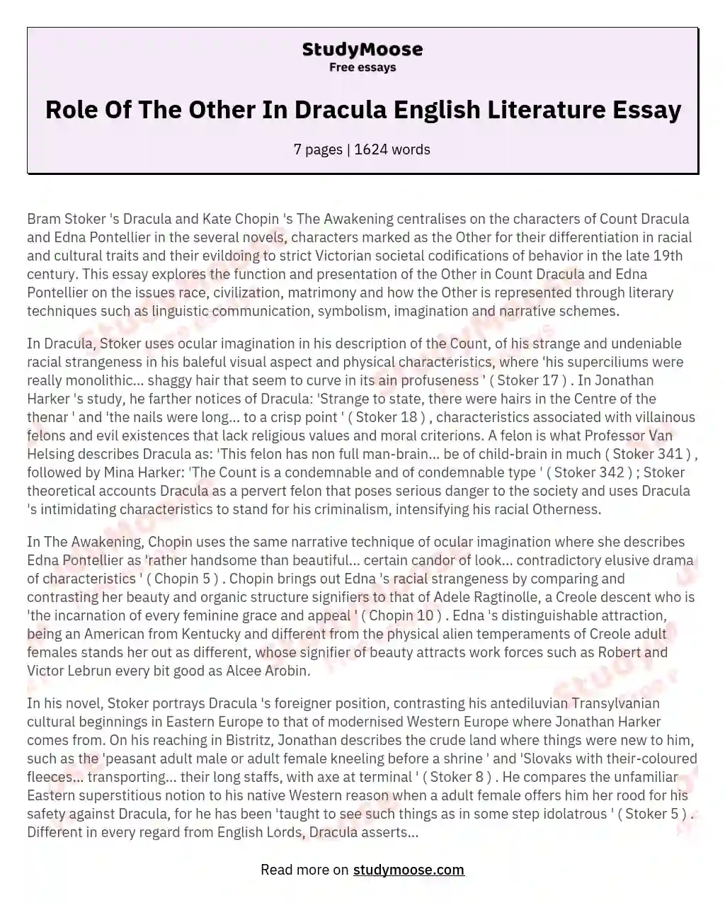 Role Of The Other In Dracula English Literature Essay essay