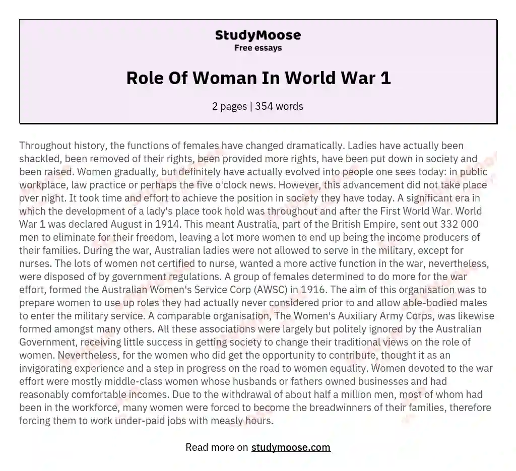 Role Of Woman In World War 1 essay