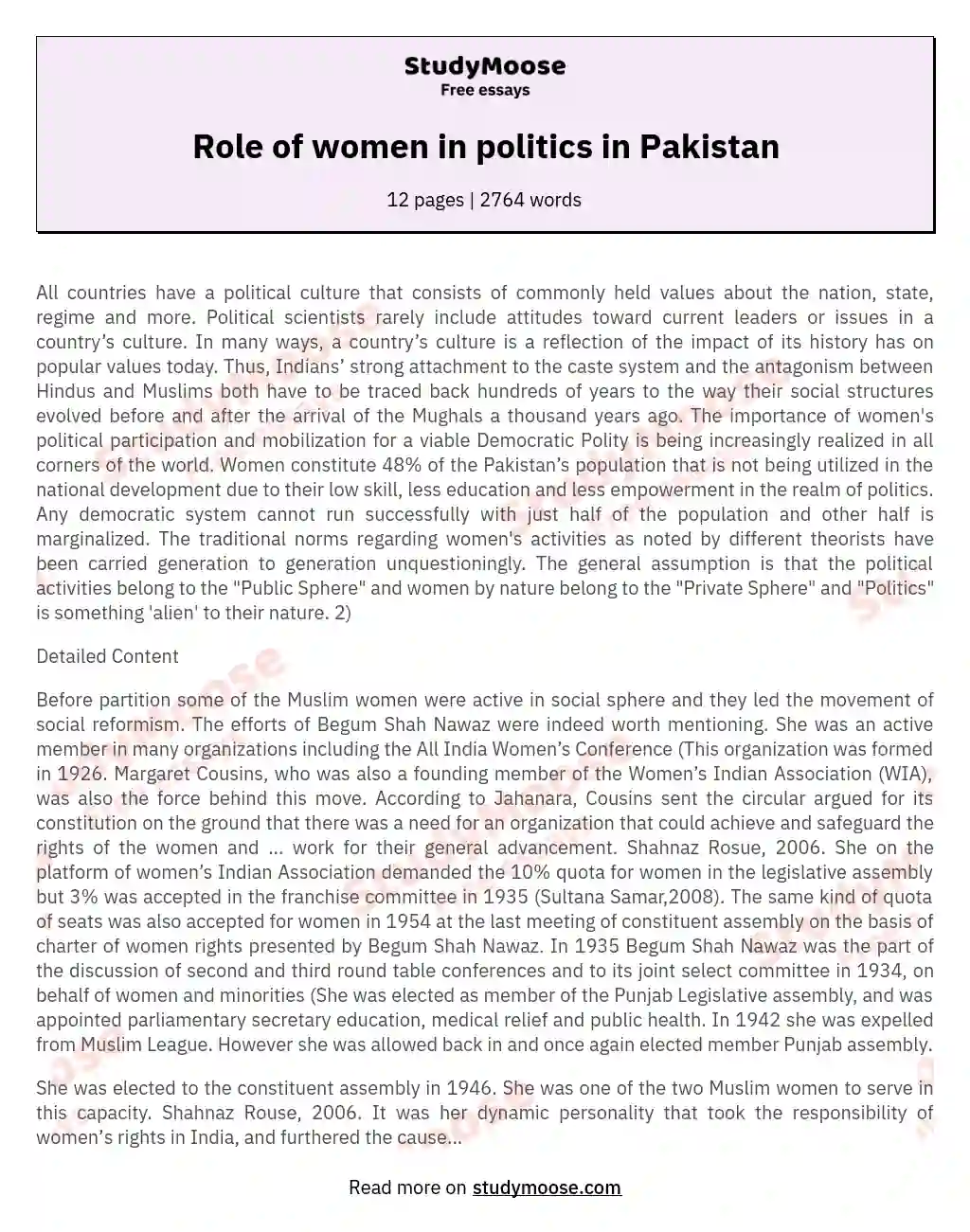 Role of women in politics in Pakistan essay