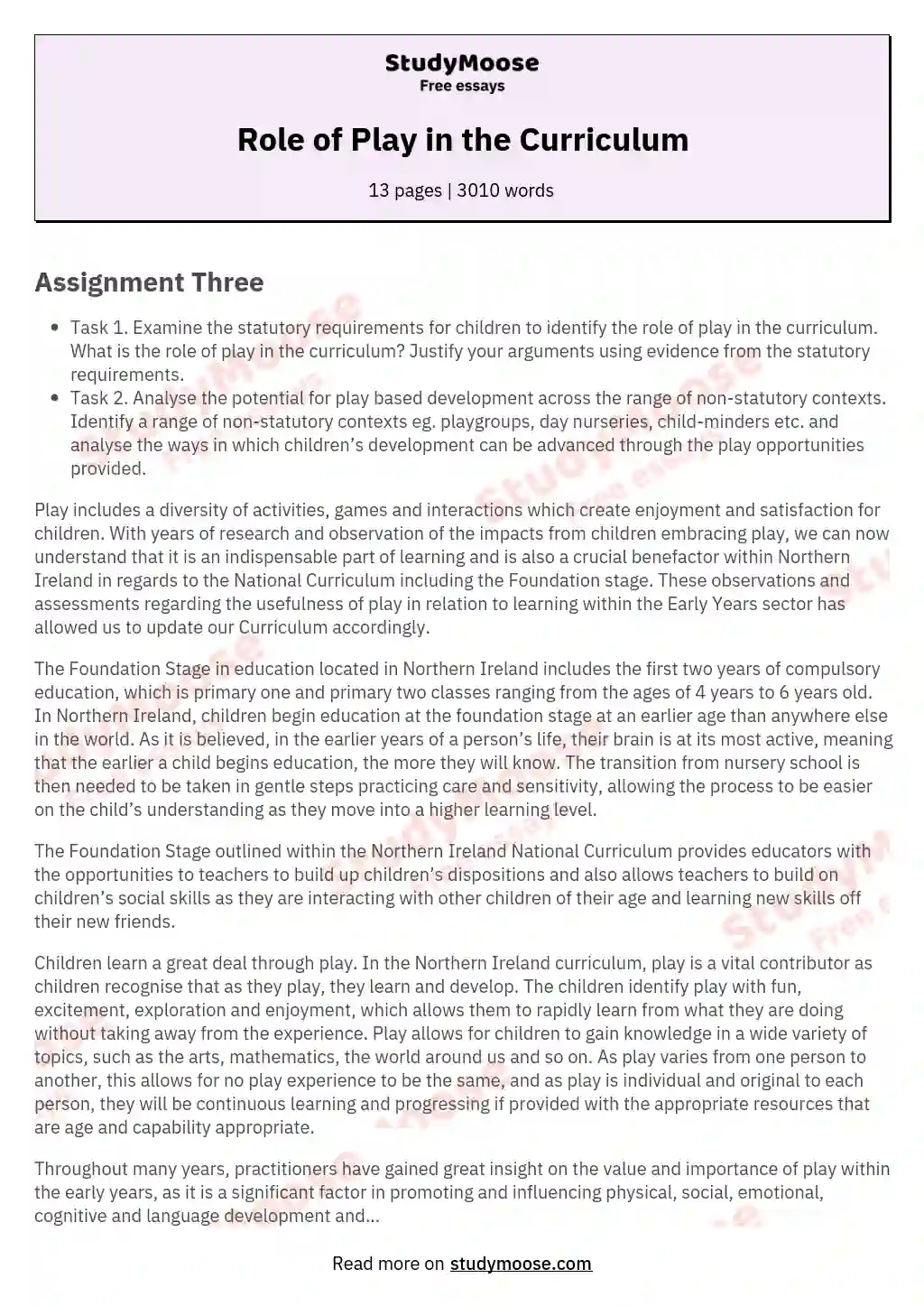 Role of Play in the Curriculum essay