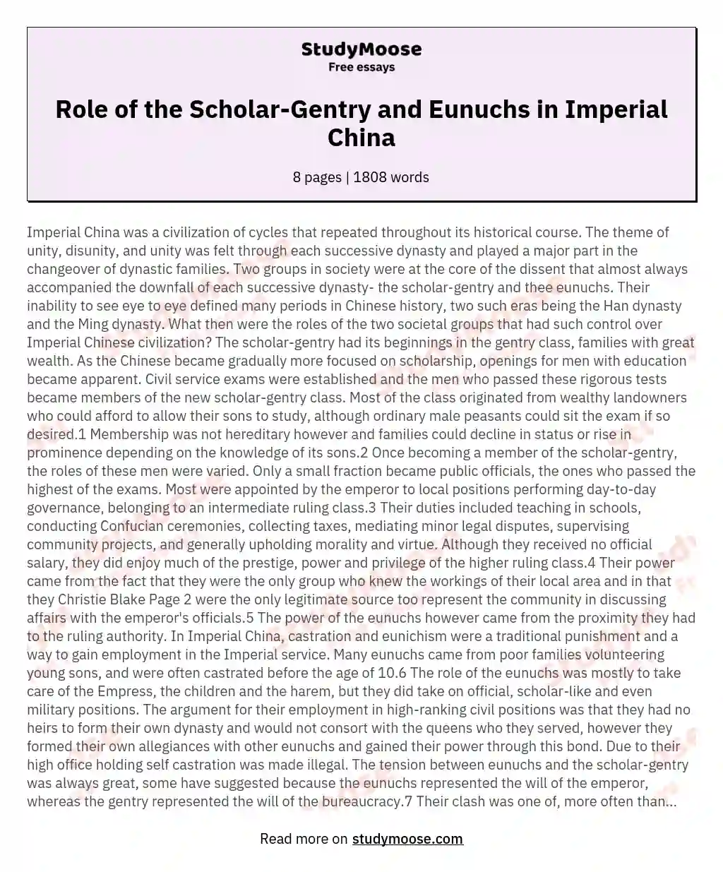 Roles of Scholar-Gentry and Eunuchs in Imperial China essay