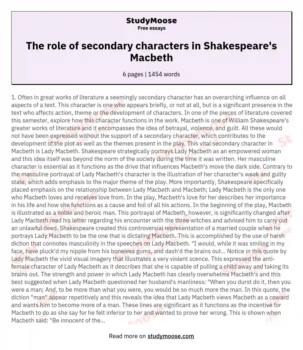 The role of secondary characters in Shakespeare's Macbeth essay