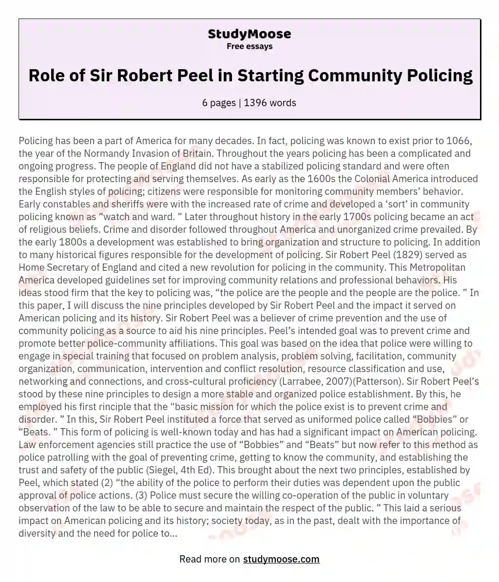Role of Sir Robert Peel in Starting Community Policing essay