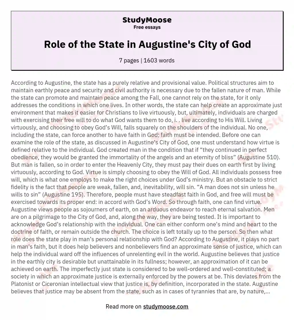 Role of the State in Augustine's City of God essay