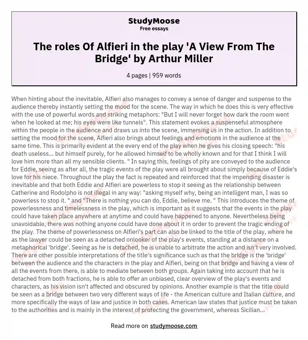 The roles Of Alfieri in the play 'A View From The Bridge' by Arthur Miller essay