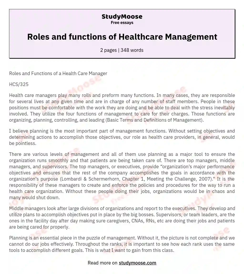 Roles and functions of Healthcare Management essay