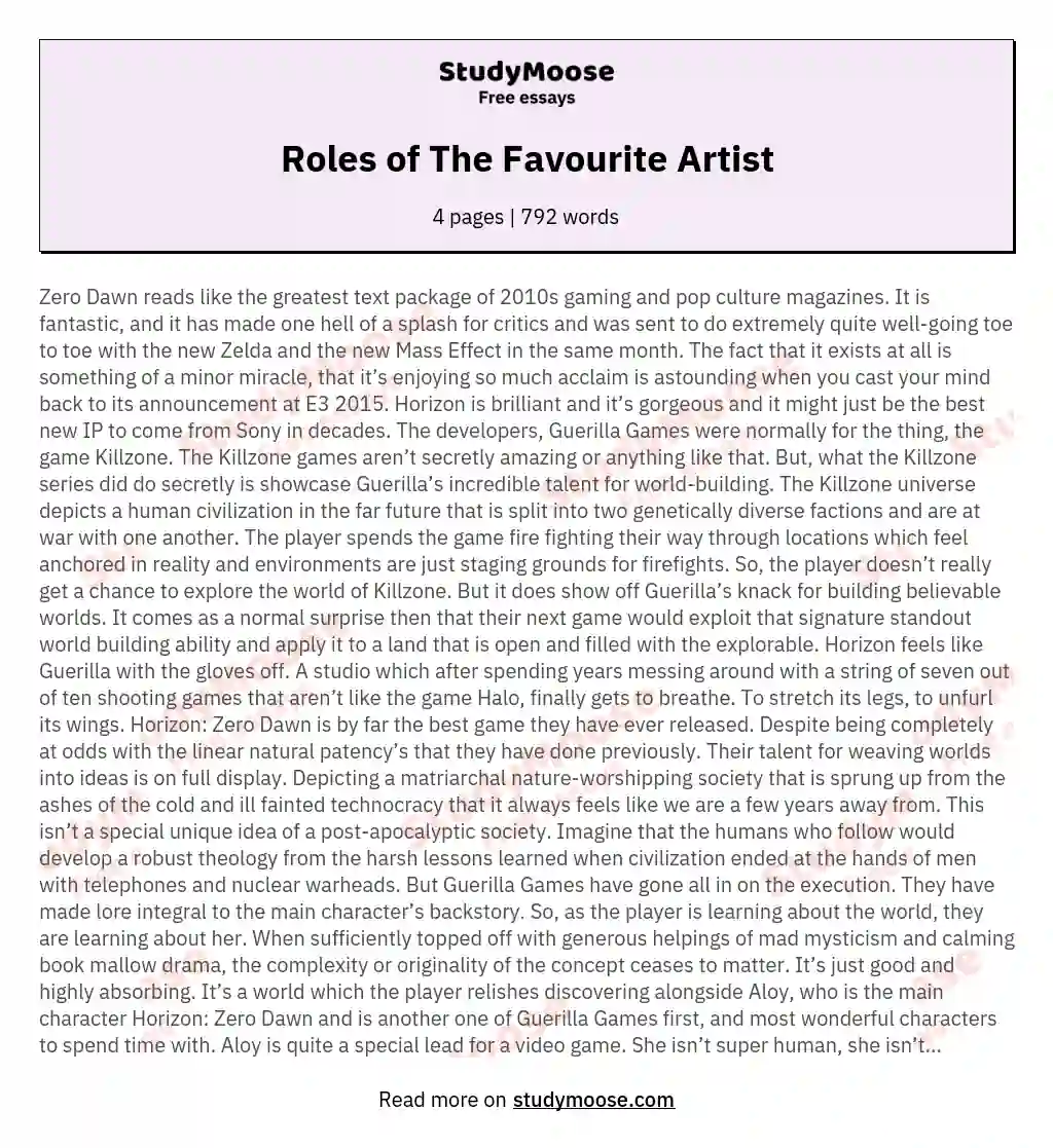 Roles of The Favourite Artist essay