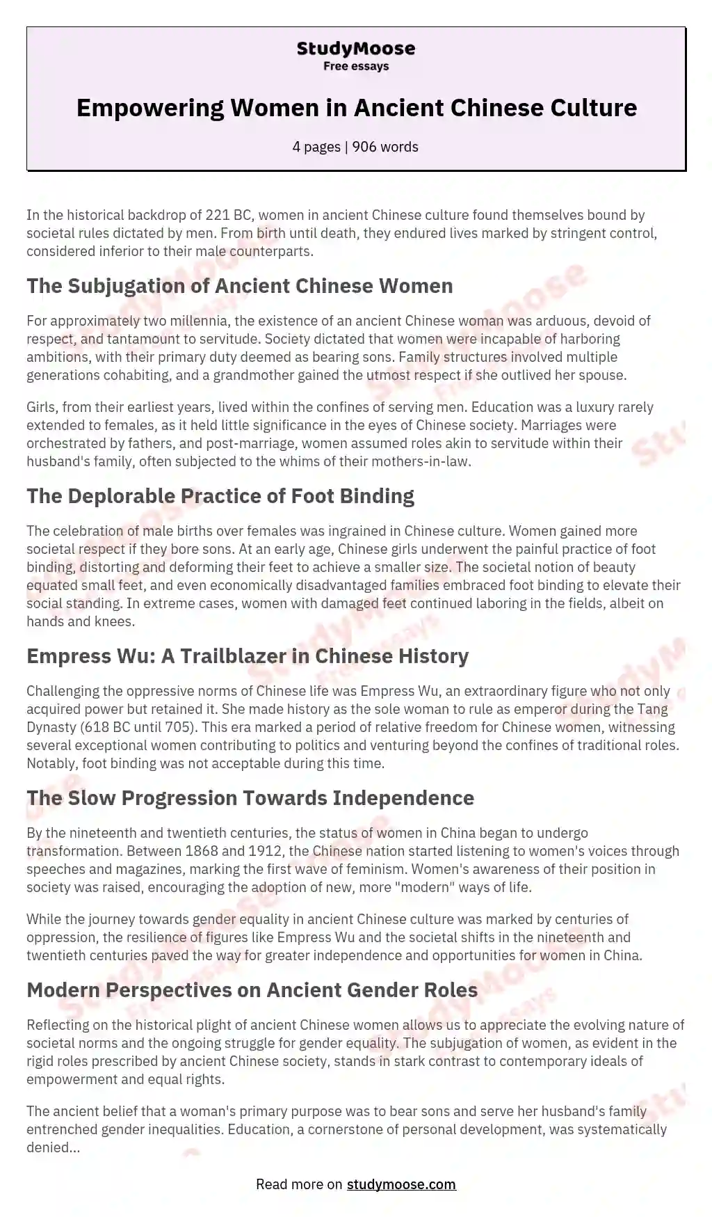Empowering Women in Ancient Chinese Culture essay