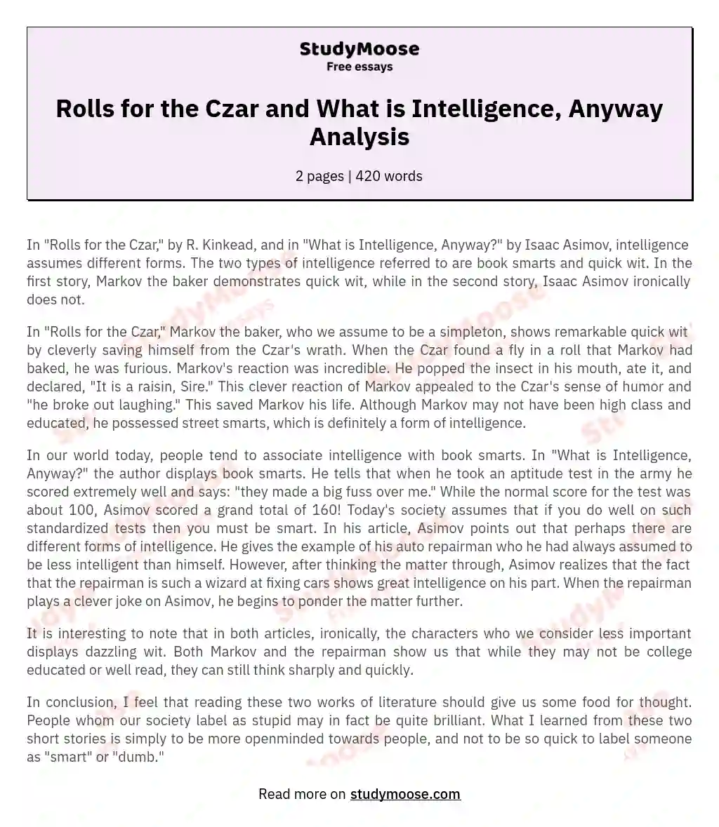 Rolls for the Czar and What is Intelligence, Anyway Analysis essay