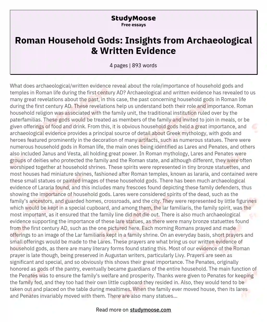 Roman Household Gods: Insights from Archaeological & Written Evidence essay