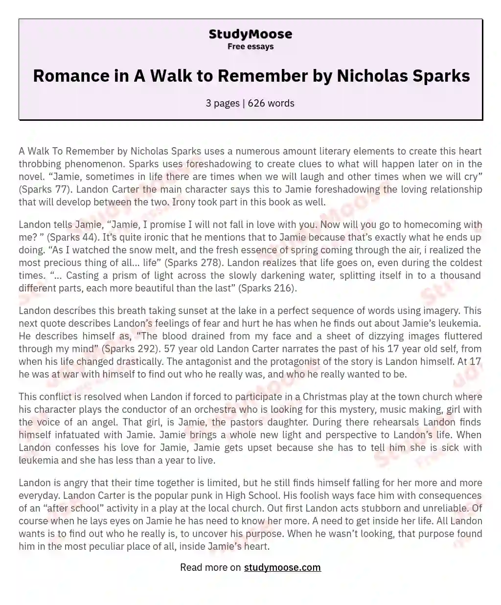Romance in A Walk to Remember by Nicholas Sparks essay