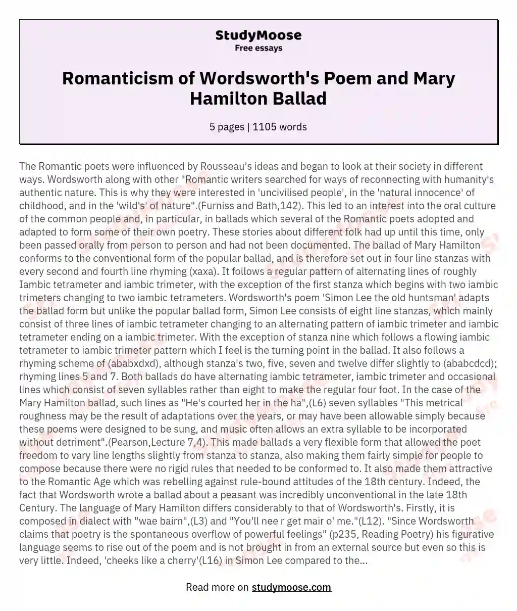 Romanticism of Wordsworth's Poem and Mary Hamilton Ballad essay